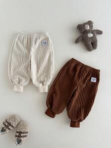 SHEIN 2 件套幼儿男童灯芯绒松紧腰罗纹下摆裤子，穿着舒适，适合春夏秋冬，时尚搭配，户外活动，婴儿礼物