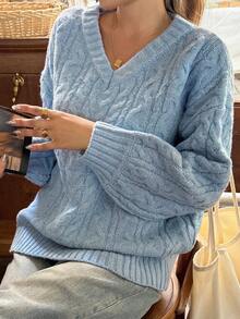 DAZY Damen V-Ausschnitt Drop Shoulder Langarm Lässig Zopfmuster Loose Fit Strickpullover, Herbst - Blau - Übersicht 5