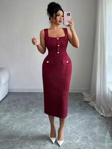 Elenzga Elegant French Style Stretchy Silver Thread Tweed Burgundy High-End Design Sense Square Collar Fitted Slim Waist Pearl Button Sleeveless Bodycon Dress, Versatile For Holidays, Independence Day - Burgundy - View 4