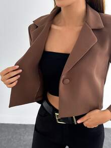 EURMUSE Women's Solid Color Long Sleeve Two-Button Short Casual Blazer - Brown - View 5