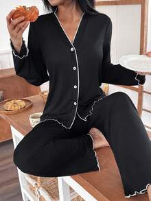 SHEIN 2件套女士宽松休闲柔软撞色滚边针织面料撞色荷叶边睡衣套装秋冬服装 - 黑色 - 查看 6