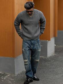 DAZY Men's Solid Dark Gray Textured Knit Sweater, Autumn - Dark Grey - View 4