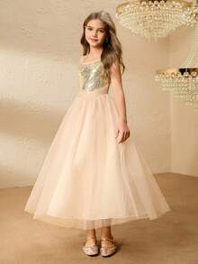 女童亮片吊带长裙，公主裙，适合派对、婚礼、钢琴演奏会、选美比赛，大童 - 香檳色 - 查看 3