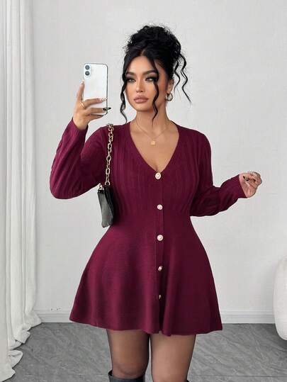Elenzga Fashionable Elegant Casual Pearl Button V-Neck Long Sleeve Plus Size Women Cardigan Sweater, Suitable For Everyday Wear
