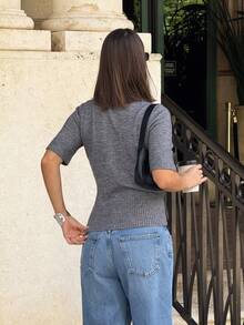 女士灰色 3D 花卉针织纽扣前短袖开衫 - 灰色 - 查看 2