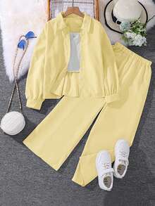 INAWLY 2 件套休闲通勤宽松前开衬衫和松紧腰直筒裤套装 - 黃色 - 查看 1