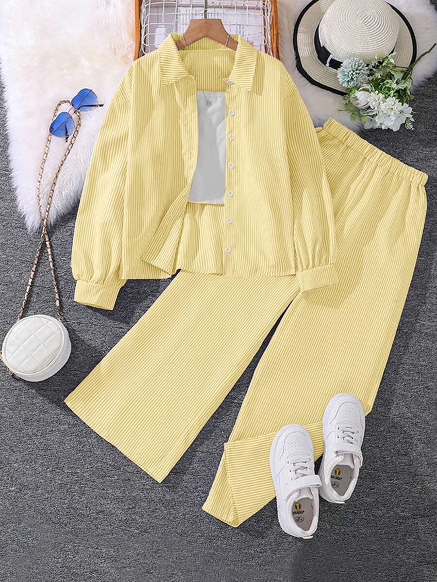 INAWLY 2 件套休闲通勤宽松前开衬衫和松紧腰直筒裤套装 - 黃色 - 查看 1