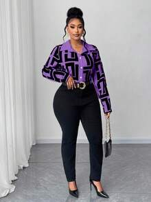 Maweii Plus Size Women Geometric Print Casual Shirt - Purple - View 5