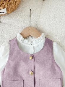 SHEIN 年轻女孩优雅金色纽扣背心、荷叶边领衬衫和百搭百褶裙，适合秋冬季、派对和日常穿着 - 藕粉色 - 查看 3