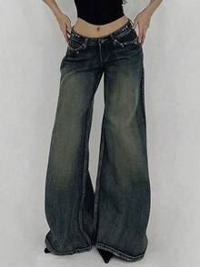 DAZY Quần jeans nữ ống rộng dáng suông có túi, phong cách thường ngày đa năng Y2K - Rửa trung bình - Xem 4