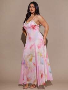 SHEIN BAE Romantic Vacation Boho Floral Mesh Print Patchwork Shell Ribbon Waist Maxi A-Line Long Dress - Multicolor - View 4