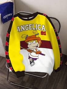 Nick 90s | SHEIN Sudadera casual de mujer con cuello redondo, estampado de dibujos animados y bloques de color, otoño