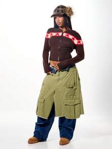 SUMWON WOMEN 连帽拉链针织开衫，星形图案，罗纹腰带，短款剪裁 - 彩色 - 查看 4