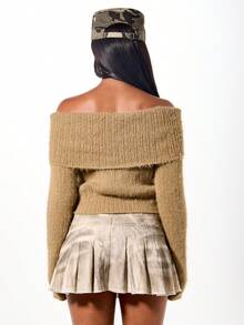 SUMWON WOMEN Off-Shoulder Langarm Strick-Oberteil, flauschig strukturierter Crop Pullover für Herbst und Winter, gemütlicher Pullover - Khaki - Übersicht 2