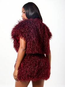 SUMWON WOMEN Áo khoác ngoài không tay lông thú giả sang trọng cỡ lớn dành cho nữ mùa đông màu đỏ tía - Đỏ - Xem 2