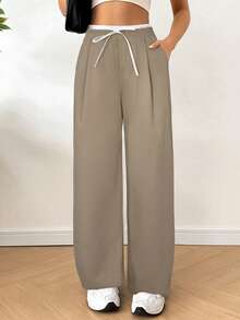 SHEIN EZwear 女款卡其色拼色休闲裤，女款春秋休闲抽绳口袋阔腿长款卡其色宽松裤，休闲日常穿搭 - 卡其色 - 查看 4