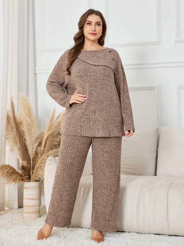 Lacomfia Set de 2 piezas de suéter de punto texturizado con cuello redondo y botones para mujer talla grande, para otoño/invierno