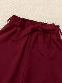 2pcs/Set Tween Girls Floral Print Round Neck Top & Belted Solid Color Pants - Burgundy - View 7