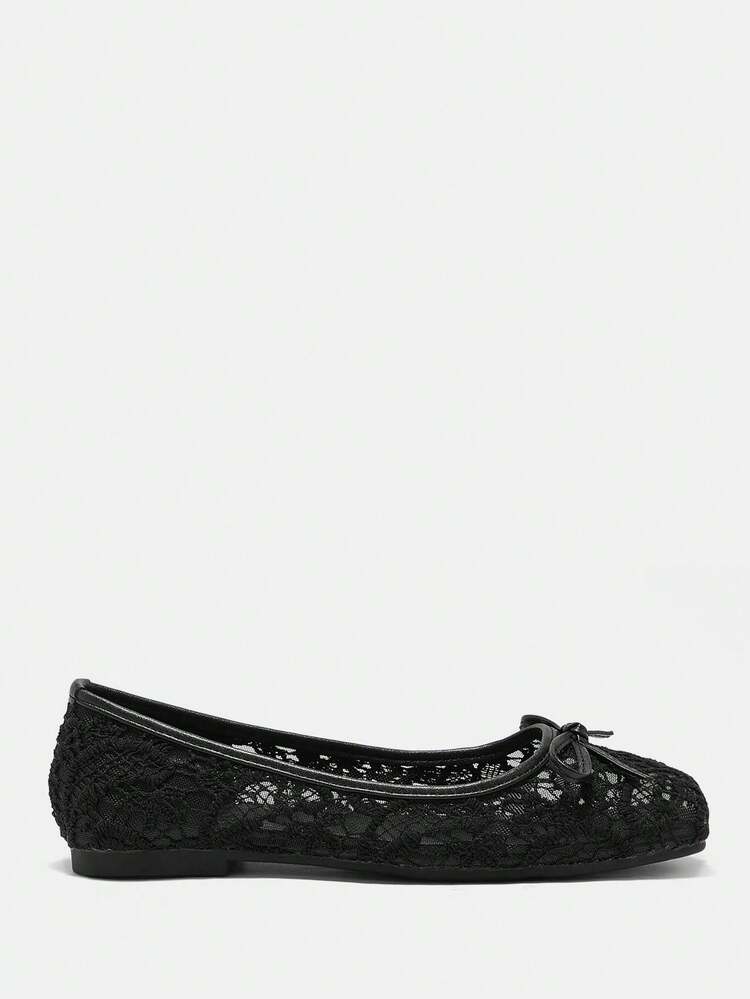 CUCCOO CURVES Zapatos planos de mujer con punta redonda y ajuste ancho, con decoración de lazo de tela de encaje negro, sencillos y cómodos, con correa transpirable, tallas grandes