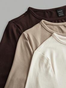 SHEIN EZwear 3 件套女士休闲宽领紧身长袖 T 恤套装，适合春秋季 - 彩色 - 查看 9