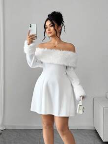 Elenzga Plus Size Women's Elegant Faux Fur Collar Dress, Suitable For Valentine's Day, Holidays, New Year's Party, Wedding, Christmas - White - View 3