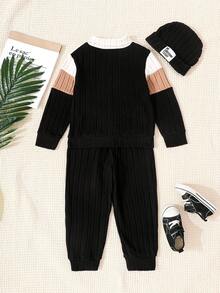 Genkimix Kids 2pcs/Set Young Boy Casual Letter Patched Solid Color Turtleneck Ribbed Long Sleeve Top And Pants Set, Suitable For Everyday Casual Outdoor Wear, Autumn/Winter