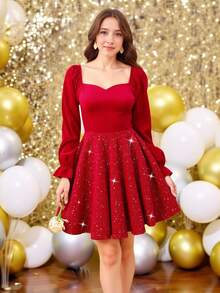 SHEIN Sparklyn 女孩圣诞天鹅绒星星和银箔领长袖连衣裙，撞色拼布设计，适合派对、节日、圣诞节装扮 - 紅色 - 查看 3