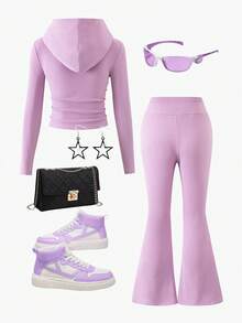 Genkimix Kids Girls Minimalist High Stretch Ribbed Soft Fabric Hooded Crop Top T-Shirt And Matching Flare Pants Set, Purple, Autumn - Purple - View 2