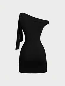 Sweetra Women's Oblique Shoulder Flounce Sexy Bodycon Dress, Waist Cinching, Bodycon, French Chic Mini Skirt - Black - View 2