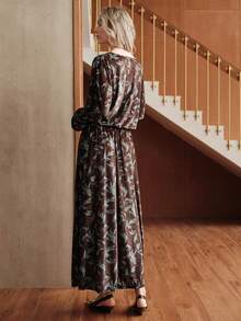 Uhlyne Uhlyne Minimalist French Velvet Retro Printed Pleated Waist Long Sleeve Dress,Autumn/Winter V-Neck Bat Wing Sleeve,Dark Brown,Autumn,Retro,Tea Party - Brown - View 4
