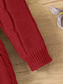 SHEIN Elladie kids 秋冬女童复古粗针织圆领腰部 A 字蝴蝶装饰长袖毛衣裙，适合户外休闲穿着 - 紅色 - 查看 3