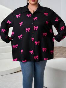 SHEIN CURVE+ CURVE 大码女式蝴蝶结印花长袖休闲单排扣衬衫 - 彩色 - 查看 7