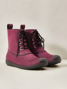 OUTDOORSY Mid-Calf Lace-Up Flat Rain Boots For Christmas And New Year Holiday Vibe Fall And Winter - Burgundy - View 5