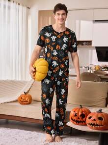 CoupledUp Halloween Pumpkin & Letter Print Crew Neck Short Sleeve Top And Pants 2 Pieces Pajama Set - Multicolor - View 2