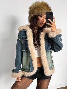 StreetHx 女式仿皮草衬里牛仔夹克 - 藍色 - 查看 6