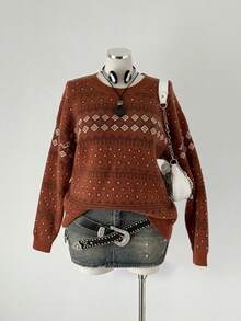 Sunspun Plus Size Women Casual Cute Loose Crew Neck Vintage Jacquard Knit Pullover Sweater, Autumn/Winter - Brown - View 4