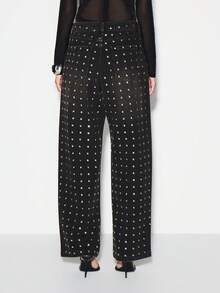 KIZN 铆钉高腰阔腿牛仔裤，适合音乐节演唱会穿着，前卫个性牛仔裤，全身金属铆钉图案 - 灰色 - 查看 2