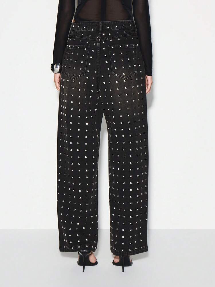 KIZN Studded Wide Leg Jeans With Metal Details