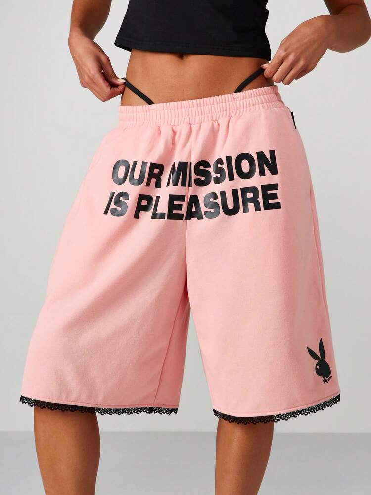 Missguided x Playboy Statement Drawstring Basketball Bermuda Shorts With Lace Trim - Casual Summer Streetwear