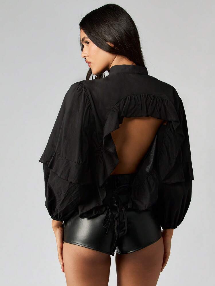 MISSGUIDED Ruffle Curved Hem Blouse Long Balloon Sleeve Tie Neck Office Professional Top