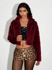 TRNVIE 拉链短款泰迪熊夹克 黑色毛皮夹克 毛绒夹克 短款夹克 短款夹克 女士短款夹克 - 酒紅色 - 查看 4