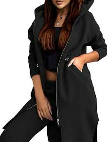 EMERY ROSE Women's Autumn Drop Shoulder Zipper Front Hooded Jacket And Pants Casual Suit - Black - View 1