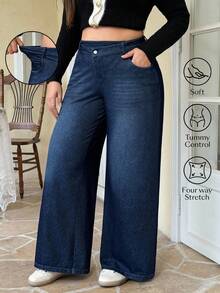 Flexra Plus Size Women Elastic Casual Straight Leg Jeans Date Night Navy Blue Summer - Dark Wash - View 1