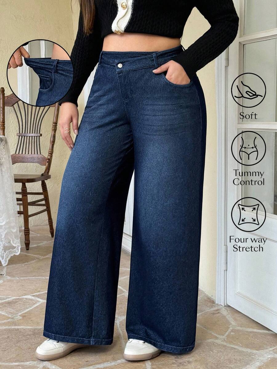 Flexra Plus Size Women Elastic Casual Straight Leg Jeans Date Night Navy Blue Summer - Dark Wash - View 1