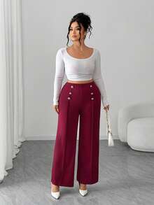 Elenzga Christmas Plus Size Women Elegant Knitted Wine Red & Gold Decorative Button Long Leggings - Burgundy - View 6