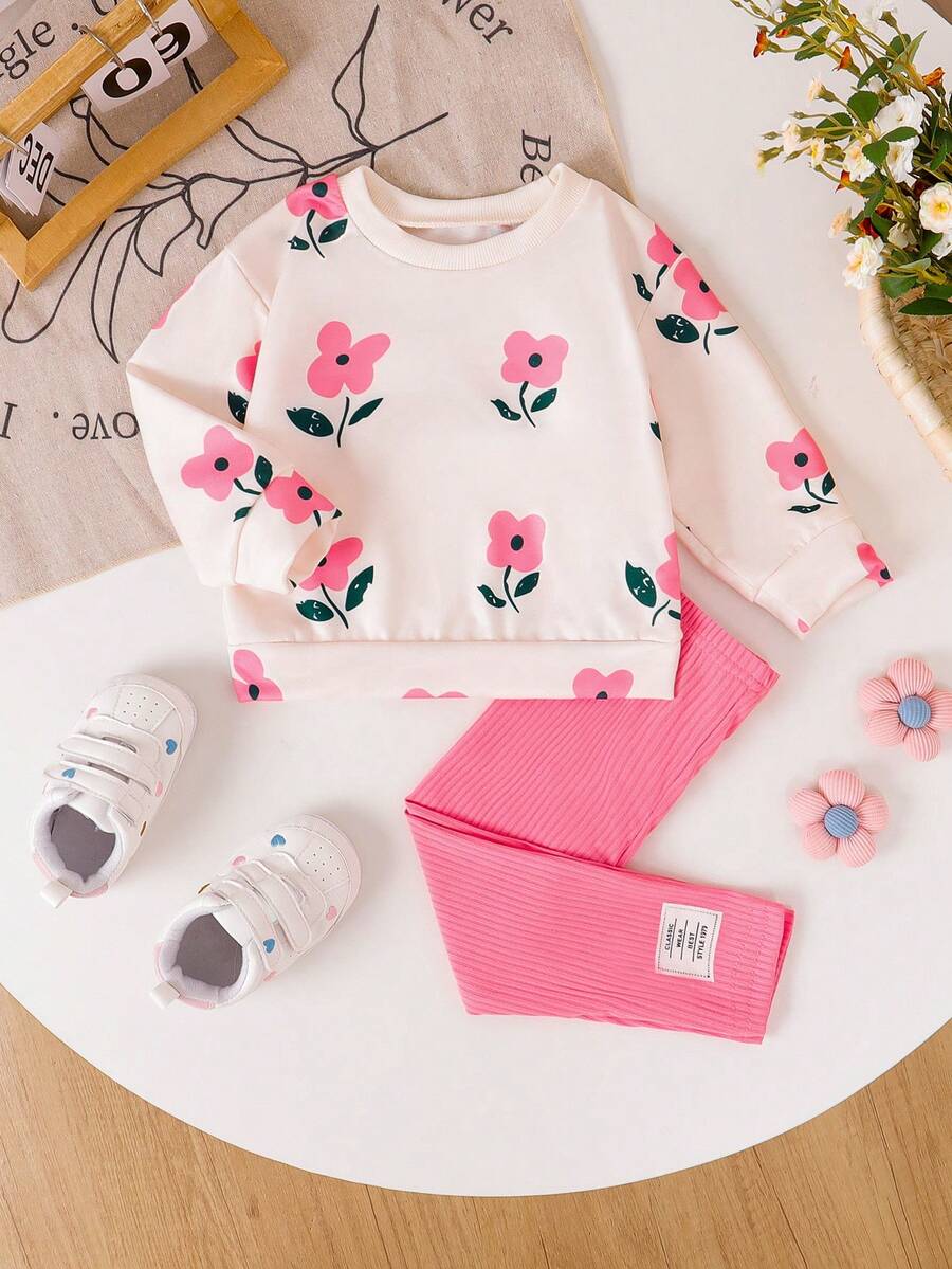 SHEIN Vintaside Kids Conjunto de 2 piezas para niñas bebé con sudadera de cuello redondo con estampado de flores y leggings acanalados, cómodo y elegante para otoño/invierno - Multicolor - Ver 1