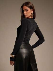 Hauture 女式性感基本款透视仿肤褶饰长袖上衣 - 黑色 - 查看 2