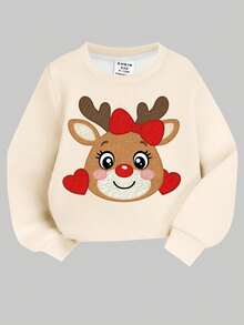 SHEIN 可爱圣诞驯鹿和心形印花女婴休闲宽松圆领柔软针织运动衫和运动裤套装，适合秋冬季、圣诞派对、街头风格、家居服 - 彩色 - 查看 4