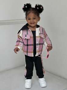 SHEIN 2 pièces Ensemble veste à capuche rose à carreaux patchwork et pantalon à taille élastique pour bébé fille, doux et polyvalent, vêtements de bébé fille pour le printemps/automne/hiver