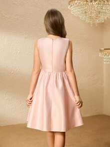 Tween Girl' Round Neck Sleeveless Dress With Multi-Layer Beaded Waist Bow Decor, Elegant & For Halloween, Christmas, Party